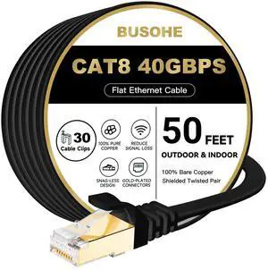 BUSOHE Cat 8 Ethernet Cable 50 FT, 40Gbps 2000MHz Cat8 High Speed Flat Internet Network Patch Cord, SFTP Shielded LAN Wire with Gold Plated RJ45 Connector, with Clips, Outdoor Indoor- 50FT Black