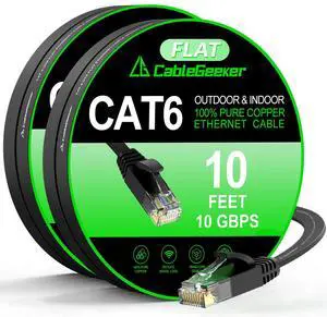 Cat 6 Ethernet Cable 10ft 2-Pack, Indoor&Outdoor, High Speed 10Gbps Internet Network, Pure Copper Flat Ethernet Patch Cable Long, Computer LAN Cable with Clips&Straps for Router,Modem,PS4/5, Black