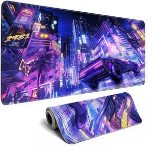 Extended Large Mouse Pad, XL Gaming Mousepad 31.5 x 11.8 Inch,Full Desk Keyboard Mat with Stitched Edges Big Computer Keyboard Desk Pad for Gaming Office, Futuristic Neon City