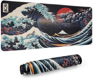 XL Gaming Mouse pad/Desk mat,Retro Kanagawa,Stitched Edges,Waterproof Comfortable Mouse pad with Non-Slip Rubber Base for Computer | Laptop | Office & Home | 31.5x11.8in(Retro Wave Mouse pad)