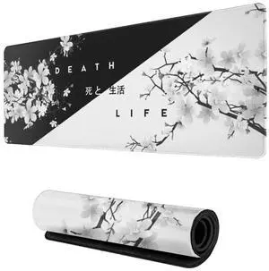Black and White Cherry Blossom Mouse Pad Gaming Large Mouse Pad Japanese XL Mousepad Extended Long Big Desk Mat Stitched Edges Non-Slip Rubber Base Mice Pad 31.5 X 11.8 Inch