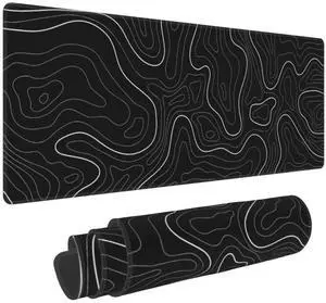 Topographic Contour Black Gaming Mouse Pad XL Geographic Map Lines Extended Big Large Desk Mat Non-Slip Rubber Base Stitched Edge Long Keyboard Mousepad for Office Home and Game,31.5x11.8 Inch