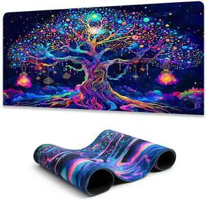 Manicer Colorful Tree of Life Mouse Pad, Blacklight Gaming Extended Large Desk Pad, UV Reactive Waterproof Long Keyboard Big Mouse Mat with 3mm Non-Slip Rubber Base for Office Home - 31.5" x 11.8"