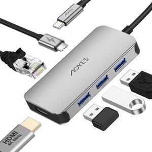 Aoyes 6-in-1 USB C Hub - 4K@60Hz HDMI, 1000M Ethernet, 100W PD, 3 USB 3.0 Ports for Mac, Surface, iPad & More