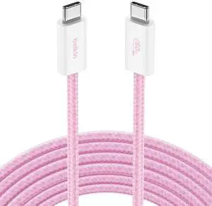 Belkin USB C to USB C Cable, 9.9ft, 60W - Type C Charger, iPhone Charger Cord, Soft, Braided, Flexible for iPhone 16, Galaxy S25, Pixel 9, Airpods, iPad Pro, Table & More, Travel Essentials - Pink