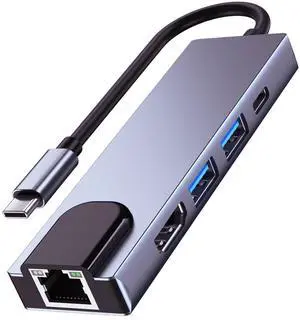 QCEs USB C Hub Multiport Adapter, 5-in-1 USB C to Ethernet HDMI Hub with HDMI Ethernet Port, USB3.0/2.0 Port, PD Charging Compatible with MacBook Pro/Air, iPad Pro, iPhone 16/15, iMac, XPS