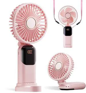 GOCKERA Portable Fan, 4200mAh Battery Operated Fan, 5 Speeds&Digital Display, Makeup Fans for Women with Base, 180°Foldable 3in1 Handheld/Neck/Desk Fan for Outdoor Indoor,Ultra Quiet (Pink)
