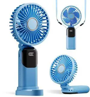 GOCKERA Portable Fan, 4200mAh Battery Operated Fan, 5 Speeds&Digital Display, Makeup Fans for Women with Base, 180°Foldable 3in1 Handheld/Neck/Desk Fan for Outdoor Indoor,Ultra Quiet (sky blue)