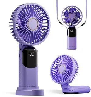 GOCKERA Portable Fan, 4200mAh Battery Operated Fan, 5 Speeds&Digital Display, Makeup Fans for Women with Base, 180°Foldable 3in1 Handheld/Neck/Desk Fan for Outdoor Indoor,Ultra Quiet (Purple)