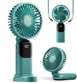 GOCKERA Portable Fan, 4200mAh Battery Operated Fan, 5 Speeds&Digital Display, Makeup Fans for Women with Base, 180°Foldable 3in1 Handheld/Neck/Desk Fan for Outdoor Indoor,Ultra Quiet (Green)