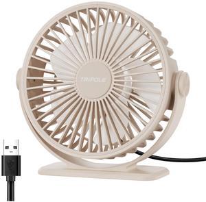 TriPole USB Desk Fan Small Portable Personal Fan, 3 Speeds Adjustable Strong Breeze Mini Electric Fan, 360° Rotation Quiet Plug In USB Fan for Desktop Bedroom Office Table Travel Cruise, Beige, 4.5in