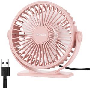 TriPole USB Desk Fan Mini Portable Personal Fan, 3 Speeds Adjustable Strong Breeze Small Electric Fan, 360° Rotation Quiet Plug In USB Fan for Desktop Bedroom Office Table Travel Cruise, Pink, 4.5in