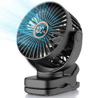 TUNISE Mini-Clip-On-Ventilator, batteriebetriebener Tischventilator, Digitalanzeige, 3-Gang einstellbar, Zwei-Wege 360° verstellbar, Super starker Wind, tragbarer Ventilator für Home Office Camping, S
