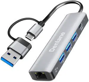 Denlane USB C USB 3.0 to Ethernet Adapter, 5 in 2 Gigabit Ethernet USB Hub for Laptop with 4-Port USB-A 3.0 and USBC, 1000Mbps RJ45 LAN Network Adapter Compatible with MacBook/iPad Pro/Phone/Tablet