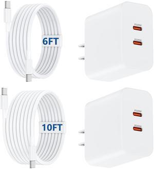 [6+10FT] iPhone 16 15 USB C Charger Fast Charging,40W Dual Port Fast Wall Charger Block with 6+10FT Long USB C Charging Cable Cord for iPhone 16 15 Pro Plus Pro Max, iPad Pro/Air/AirPods 4, Samsung