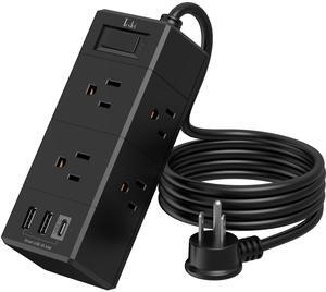 5Ft Extension Cord Flat Plug Power Strip - Tcstei 3-Side Outlet Extender with 6 AC Outlets and 3 USB Ports (1 USB C), Compact for Home, Office, Dorm Room Essentials, ETL, Black