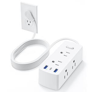 Flat Plug Power Strip, Olcorife Flat Extension Cord 5ft, 6 Outlets 3 USB Ports(1 USB C), 3-Side Outlet Extender Surge Protector for Home Office Travel Dorm Room Essentials, White