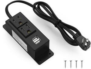 Kungfuking Surge Protector Power Strip Flat Plug Desk Power Grommet Conference Wall Mount USB Outlet Power Socket 2-Socket & 2-USB Ports 6.56 FT Extension Cord (Black)