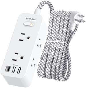 BESHON 10 FT Extension Cord, Surge Protector Power Strip with 6 Widely AC Outlets 3 USB Ports(1 USB C),3-Side Outlet Extender, Flat Plug, Wall Mount for Home, Office,Travel and Dorm Essential