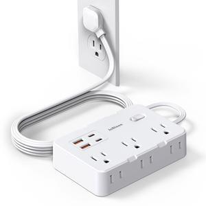 Flat Plug Power Strip Surge Protector, 5ft Ultra Thin Extension Cord with 4 USB Wall Charger(2 USB C Port), 6 Widely-Spaced Outlets Power Strip Compact for Travel, Office, Dorm Room Essentials (White)