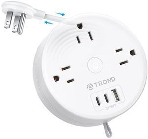 TROND Travel Power Strip - Retractable Extension Cord 5ft Ultra Thin Flat Plug, Retractable Power Strip with 3 AC Outlets 3 USB Ports (2 USB C), Cruise Ship Essentials, for Home Hotel Dorm Room, White