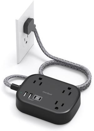 One Beat Cruise Ship Essentials,Travel Power Strip with USB C,Flat Plug Extension Cord with 3 Outlets 4 USB Ports(2 USB C),5 ft Desk Wall Outlet Extender,Non Surge Protector for Cruise,Dorm, Black