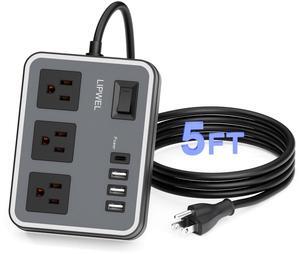 3 Outlet Power Strip with 3 USB Charging Ports and 1 USB-C Port, 1200W Extension Cord 5ft Power Cord, Black,Overload Protection Switch,No Surge Protector for Cruise Ship, Travel, Dorm, Home, Office