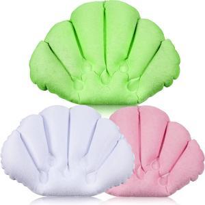 Jetec 3 Pieces Inflatable Bath Pillow with Suction Cups, Terry Cloth Covered Shell Shape Bathtub Spa Pillow Comfortable Soft Cushion, Neck Support(Pink, Green, White)