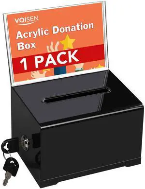 VOISEN Acrylic Donation Box with Lock, Black Ballot Box with Sign Holder, Suggestion Boxes for Fundraising, Donation, Bar, School Voting, 6.2x4.6x3.9 Inch
