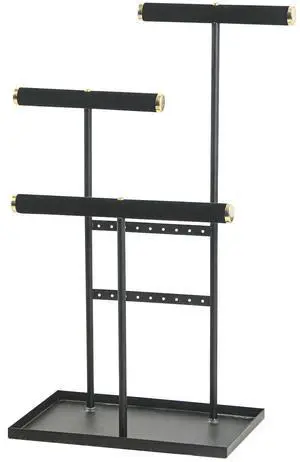 LongMen 3-Tier Jewelry Holder, Jewelry Organizer, Jewelry Display Stand with Velvet Crossbar and Metal Frame,Necklace Earring Bracelet Display Holder for Women (Golden)
