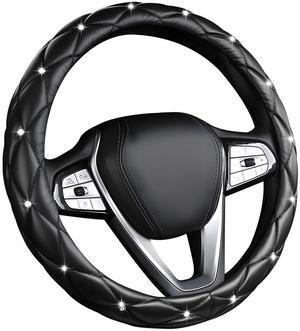 DXNQ Bling Crystal Steering Wheel Cover, 15 Inch Soft Leather Sparkling Rhinestone Steering Wheel Protector, Universal Anti-Slip Steering Wheel Pad for Women Girls, Car Accessories (Black)