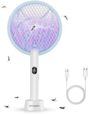 Nymrix Electric Fly Swatter Racket, 2 in 1 Mosquito Bug Zapper 4100V Handheld Mosquito Killer with 1800 mAh Rechargeable Battery, Purple Light and 3-Layer Safety Mesh for Indoor Outdoor Blue