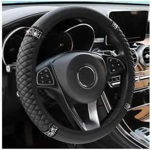 Bling Soft Leather Steering Wheel Cover, 15 Inch Colorful Rhinestones Auto Elastic Steering Wheel Protector, Sparkly Crystal Diamond for Women Girls, Car Accessories for Most Cars (Black)