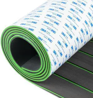 OCEANBROAD Self-Adhesive 96''x16.8'' Boat Flooring with 3M Adhesive Backing EVA Foam Boat Decking Faux Teak Marine Non-Slip Sheet for Jon Boats Yacht Helm Pad Floor, Dark Gray with Green Seam Lines