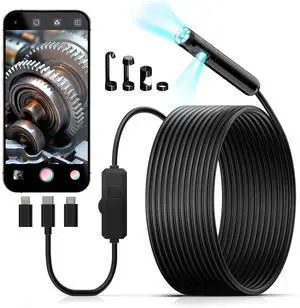 Endoscope Camera with Light, 1920P HD Borescope with 8 Adjustable LED Lights, IP67 Waterproof Inspection Borescope,16.5ft Semi-Rigid Snake Camera for iOS and Android - Double Lens