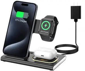 3 in 1 Foldable Charging Station for Apple Products,Fast Wireless Charger Travel Dock Adapter&Light for iPhone 16/15/14/13/12/11/X/XS,for iWatch 10/9/8/7/Ultra2/Ultra/SE,for AirPods 4/3/2/Pro/2(black)