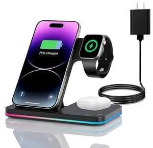 Wireless Charger 3 in 1 Charging Station lPhone Fast Foldable Charging Stand for Apple Multiple Devices with an 18 W Quick Charger for lPhone 16/15/14/13 Pro Max Apple Watch AriPods Pro 2