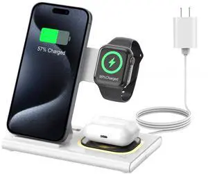 3 in 1 Foldable Charging Station for Apple Products,Fast Wireless Charger Travel Dock Adapter&Light for iPhone 16/15/14/13/12/11/X/XS,for iWatch 10/9/8/7/Ultra2/Ultra/SE,for AirPods 4/3/2/Pro/2(White)