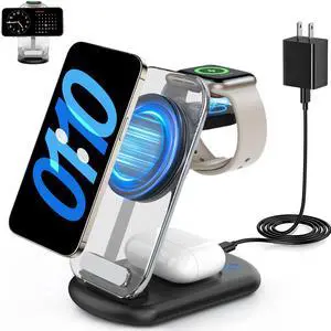 2025 Traveling Wireless Mag-safe Fast Charging Station,Magnetic 3 in 1 Charger with Light for iPhone 16 15 14 13 12 Pro Max Plus,Apple Watch Series & Air pods 4 3 2 Pro-Gifts for Wife & Husband(Black)