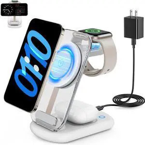2025 Traveling Wireless Mag-safe Fast Charging Station,Magnetic 3 in 1 Charger with Light for iPhone 16 15 14 13 12 Pro Max Plus,Apple Watch Series & Air pods 4 3 2 Pro-Gifts for Wife & Husband(White)