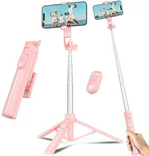 Selfie Stick Travel Tripod for Cell Phone with Remote Control and Phone Holder, Extendable Selfie Stick for iPhone, iPhone Tripod for Video Recording, 50 Inch, Pink