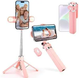 Mini Phone Tripod Stand,MQOUNY 38" Phone Tripod &Selfie Stick with Wireless Rechargeable Remote & Removable Light, Extendable Tripod Stand 360 Rotation Compatible with Phone&Android (MEI-Pink)