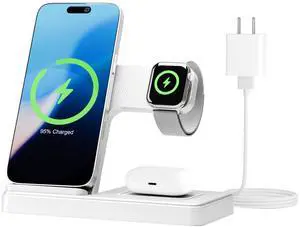 Wireless Charger Portable Charging Station : 3in1 Qi Fast Charger Stand for iPhone 16e 16 15 14 13 12 Pro Max for Apple Watch Series 10-2 Ultra SE for AirPods Pro 4 3 2, Foldable Travel Bedside, White
