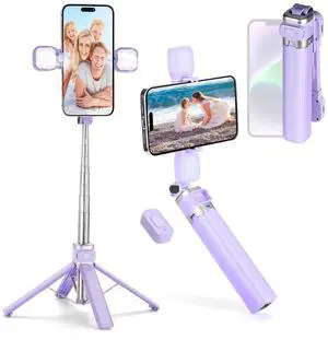 MQOUNY Mini iPhone Tripod Stand & Selfie Stick with Wireless Remote & Removable Light, Extendable Stand 360 Rotation Compatible with iPhone & Android Samsung (Purple)