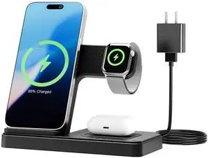Wireless Charger Travel Charging Station: 3 in 1 Charger Stand Multiple Devices - for iPhone 16e 16 15 14 13 12 Pro Max - for Apple Watch and AirPods Ultra Series - Desk Nightstand Bedside, Black
