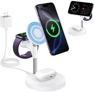 Aeinidi 3 in 1 Wireless Charging Station for Multiple Devices Apple, 15W Fast Magnetic Mag-Safe Charger Stand for iPhone 16 15 14 13 12 Pro Max Plus Mini Apple Watch AirPods Pro 4 3 2, White