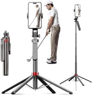 70" Phone Tripod & Selfie Stick for Golf Swing, Extendable Cell Phone Tripod Stand with Ground Stakes, Wireless Remote and Phone Holder, Golf Training Aid -Compatible with iPhone Android Phone, Camera