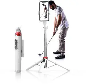 62" Phone Tripod & Selfie Stick for Golf Training, Extendable Cell Phone Tripod Stand with Wireless Remote and iPhone Holder, Golf Training Aid - Compatible with iPhone Android (White)
