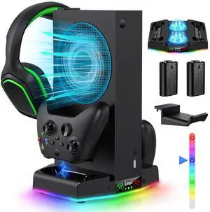 Cooling Stand & Charging Station for Xbox Series S with RGB Light Strip,Dual Controller Charger & Cooler Fan for XSS Console Accessories with 2*1400mAH Rechargeable Battery Pack,1*Headphone Hook,Black