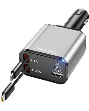 Retractable Car Charger 4 in 1, Compatible with iPhone 16 Car Charger Fast Charging, Type C Retractable Fast Car Charger, 69W USB C Car Charger Adapter for iPhone 16/15/14/13/12/Galaxy/Pixel